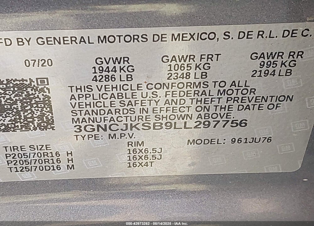 2020 CHEVROLET TRAX FWD LS VIN: 3GNCJKSB9LL297756