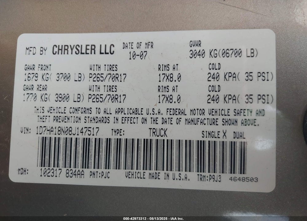 2008 DODGE RAM 1500 ST/SXT VIN: 1D7HA18N08J147517