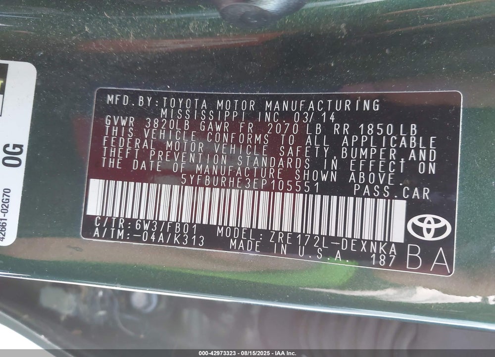 2014 TOYOTA COROLLA VIN: 5YFBURHE3EP105551