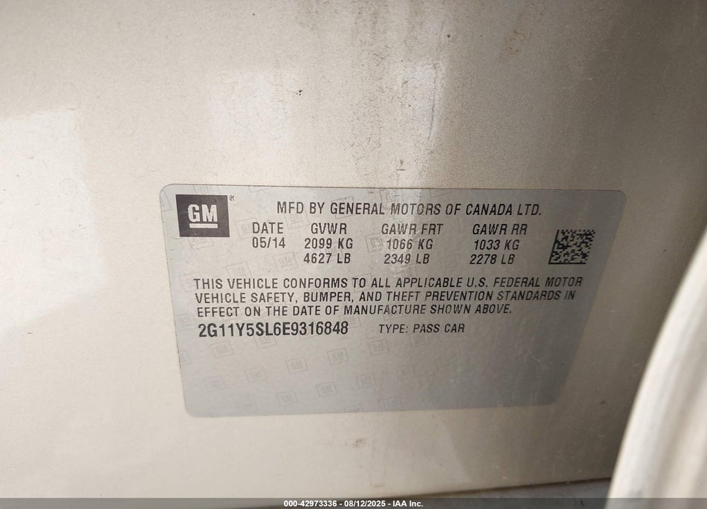 2014 CHEVROLET IMPALA 1LS VIN: 2G11Y5SL6E9316848