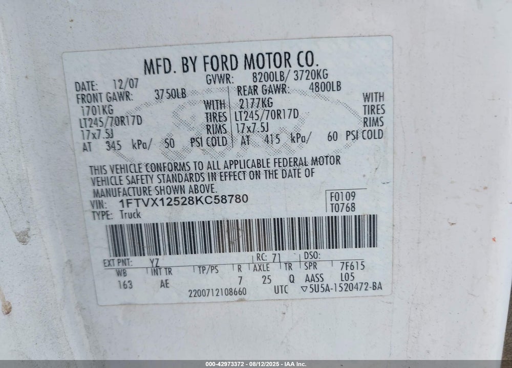 2008 FORD F-150 XL/XLT VIN: 1FTVX12528KC58780