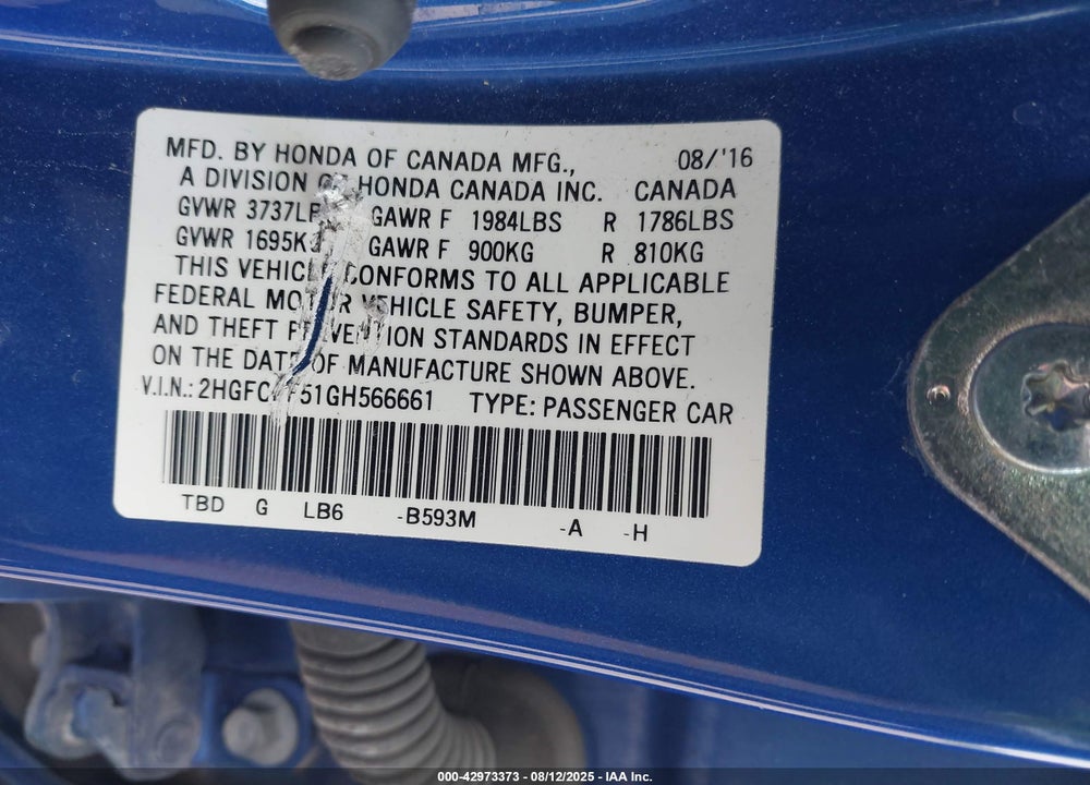 2016 HONDA CIVIC VIN: 2HGFC2F51GH566661