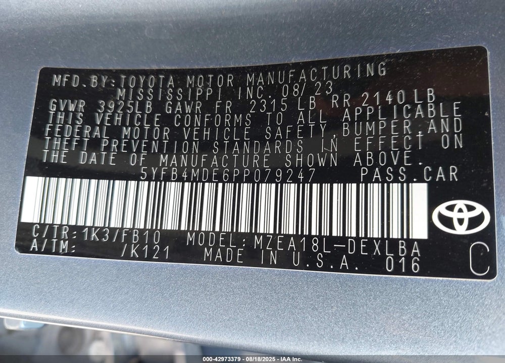 2023 TOYOTA COROLLA VIN: 5YFB4MDE6PP079247