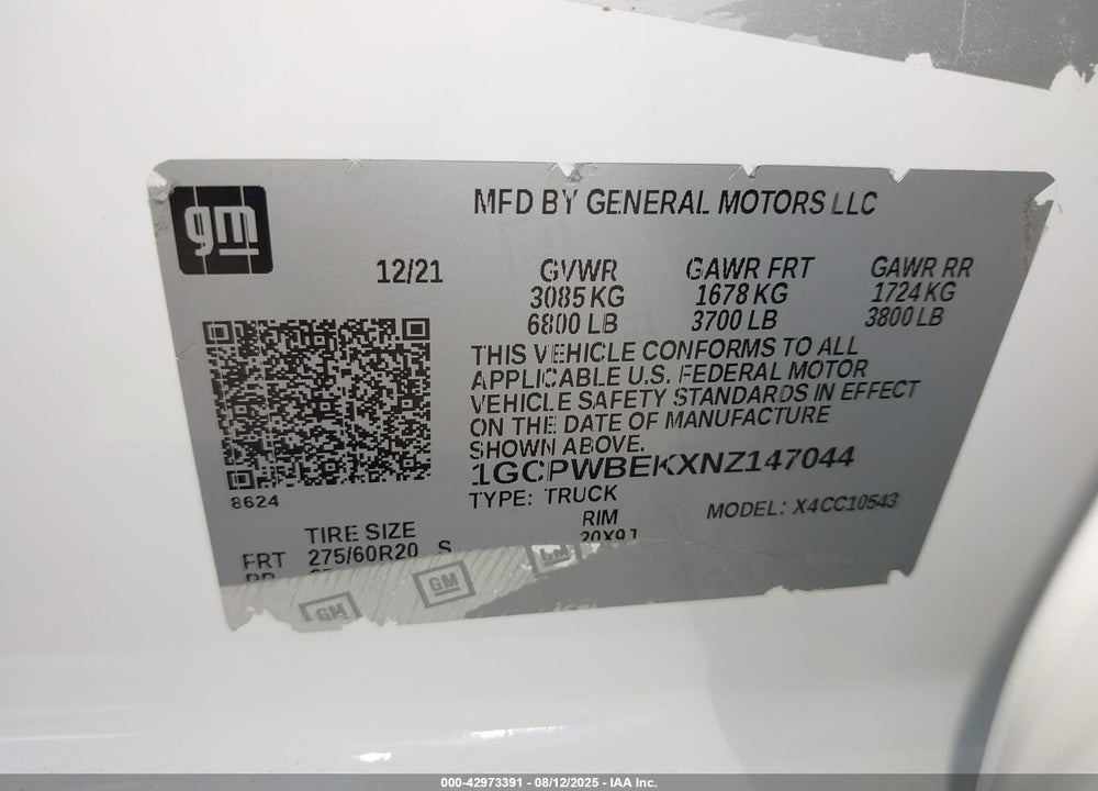 2022 CHEVROLET SILVERADO 1500 VIN: 1GCPWBEKXNZ147044
