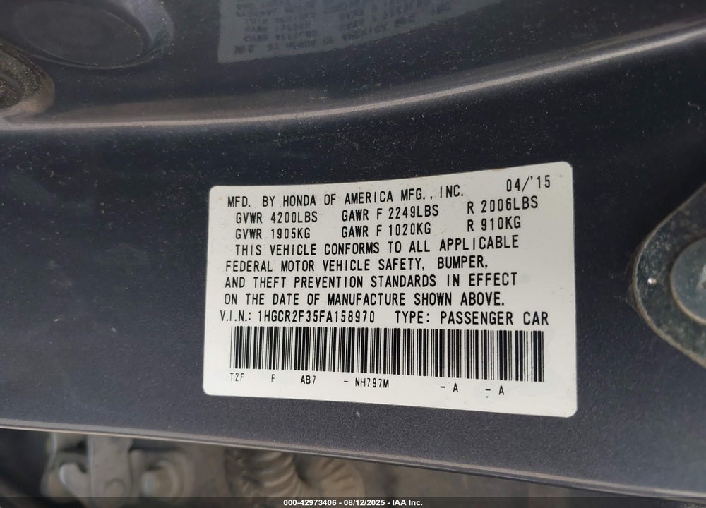 2015 HONDA ACCORD LX VIN: 1HGCR2F35FA158970