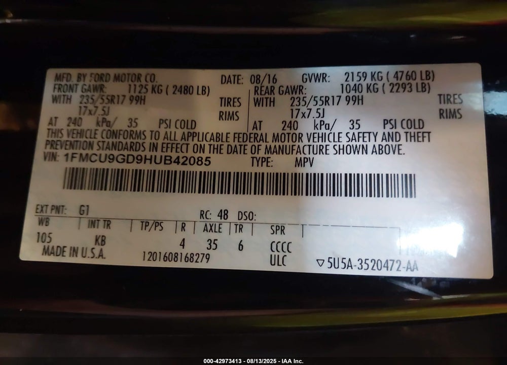2017 FORD ESCAPE VIN: 1FMCU9GD9HUB42085