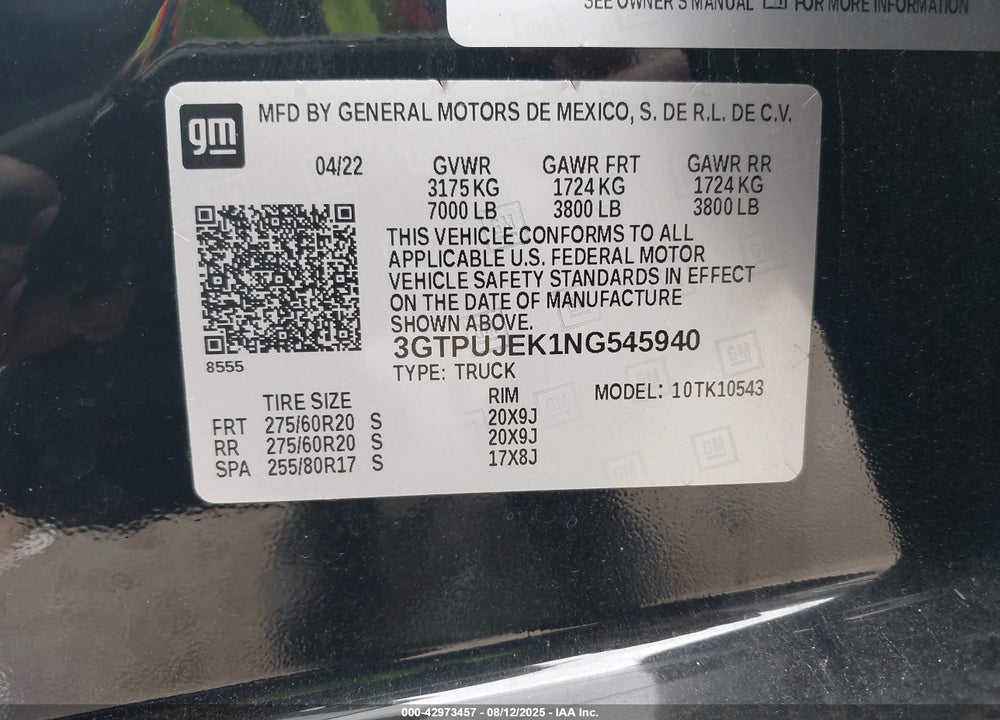 2022 GMC SIERRA 1500 VIN: 3GTPUJEK1NG545940