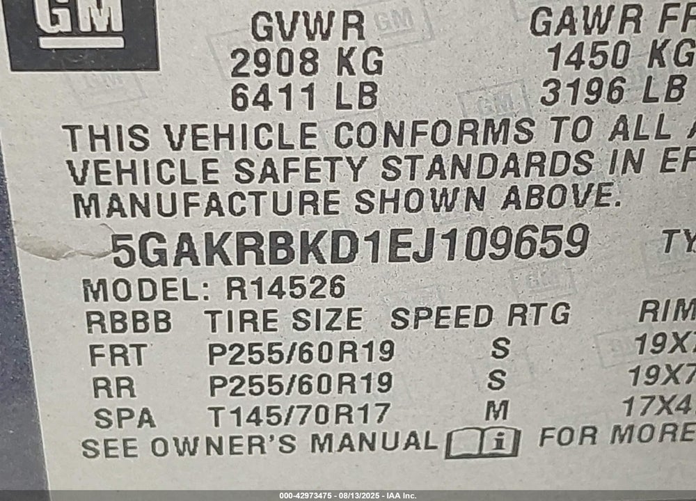 2014 BUICK ENCLAVE VIN: 5GAKRBKD1EJ109659