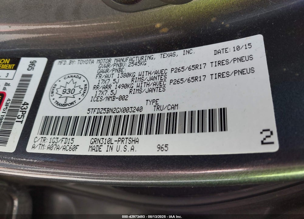2016 TOYOTA TACOMA VIN: 5TFDZ5BN2GX003240
