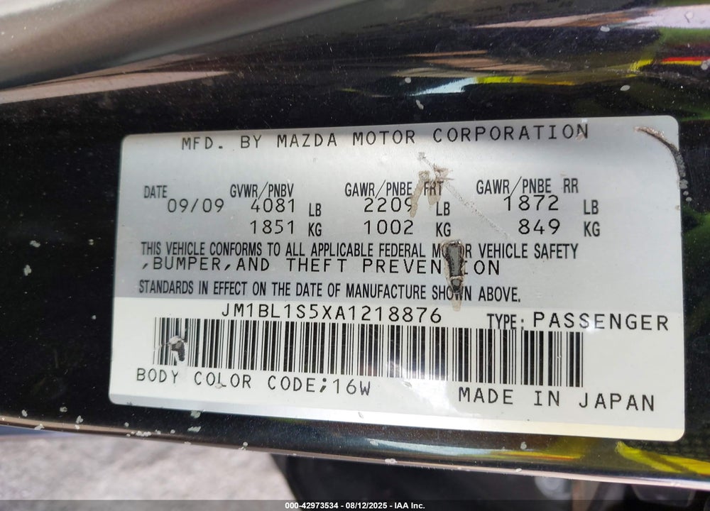 2010 MAZDA 3 VIN: JM1BL1S5XA1218876