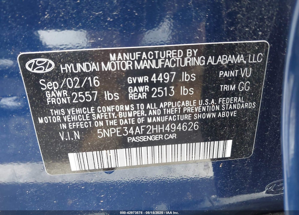 2017 HYUNDAI SONATA VIN: 5NPE34AF2HH494626