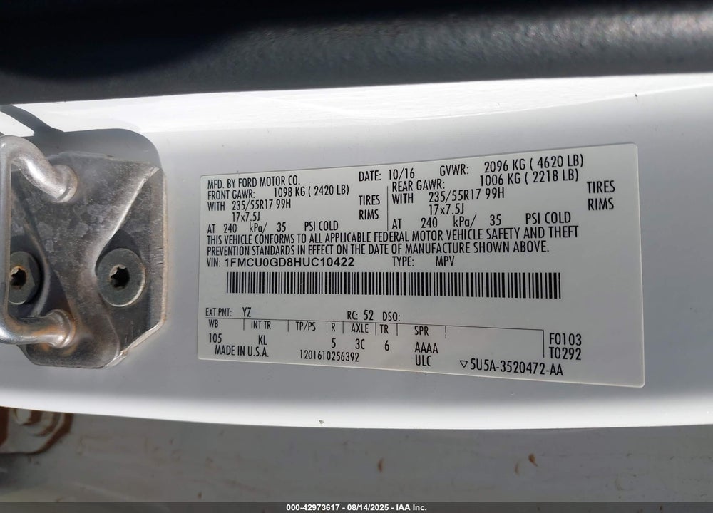 2017 FORD ESCAPE VIN: 1FMCU0GD8HUC10422