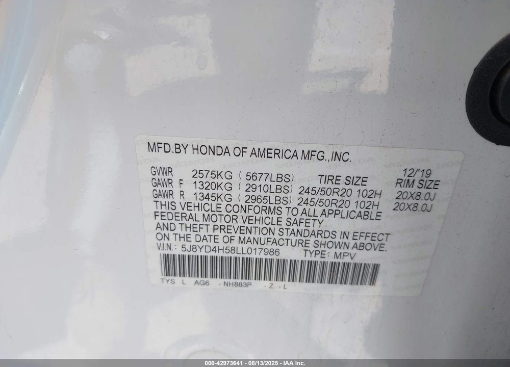 2020 ACURA MDX TECHNOLOGY PACKAGE VIN: 5J8YD4H58LL017986