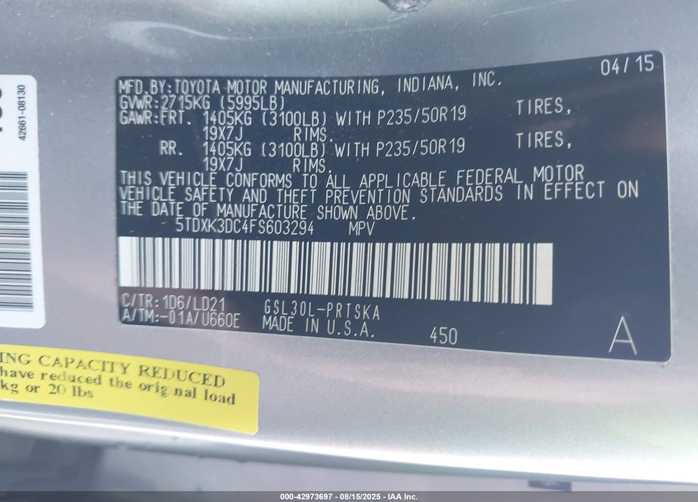 2015 TOYOTA SIENNA SE 8 PASSENGER VIN: 5TDXK3DC4FS603294