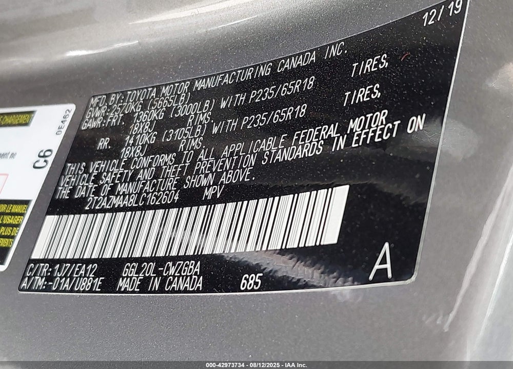 2020 LEXUS RX 350 VIN: 2T2AZMAA8LC162604