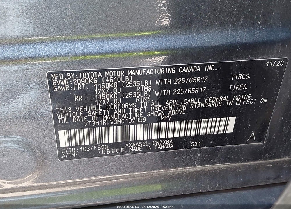 2021 TOYOTA RAV4 LE VIN: 2T3H1RFV3MC102399