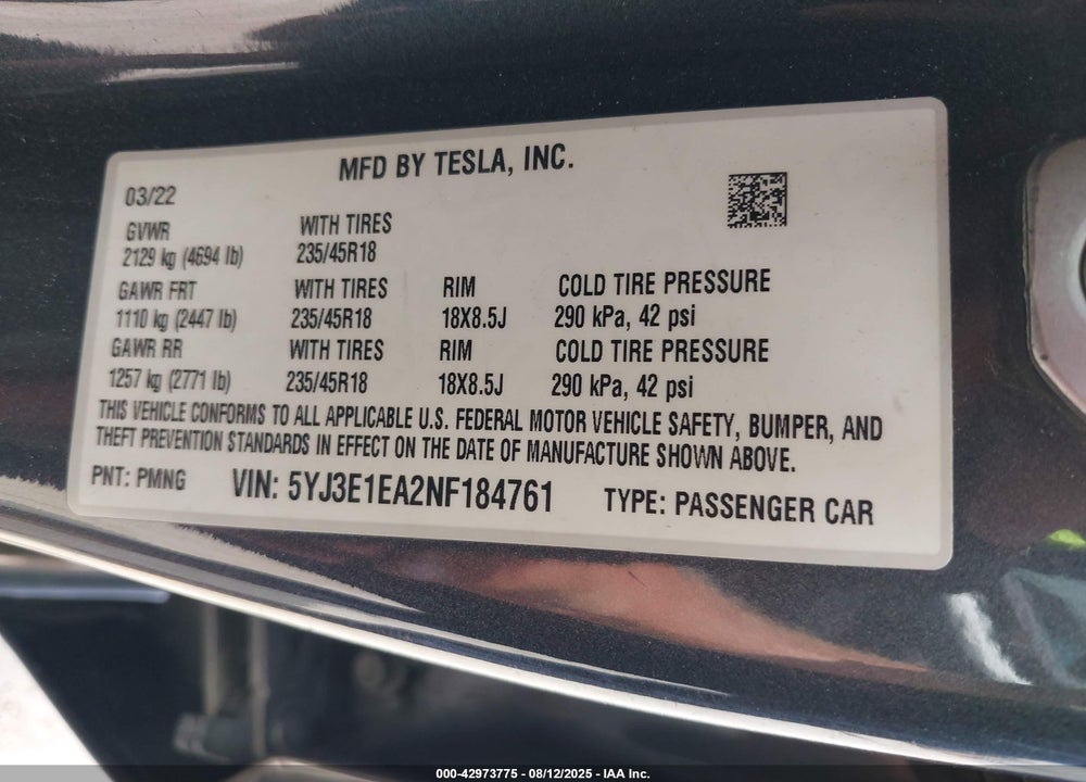 2022 TESLA MODEL 3 REAR-WHEEL DRIVE VIN: 5YJ3E1EA2NF184761