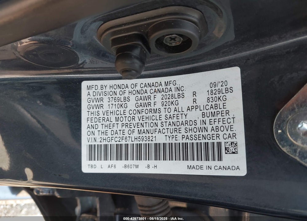 2020 HONDA CIVIC VIN: 2HGFC2F67LH593821
