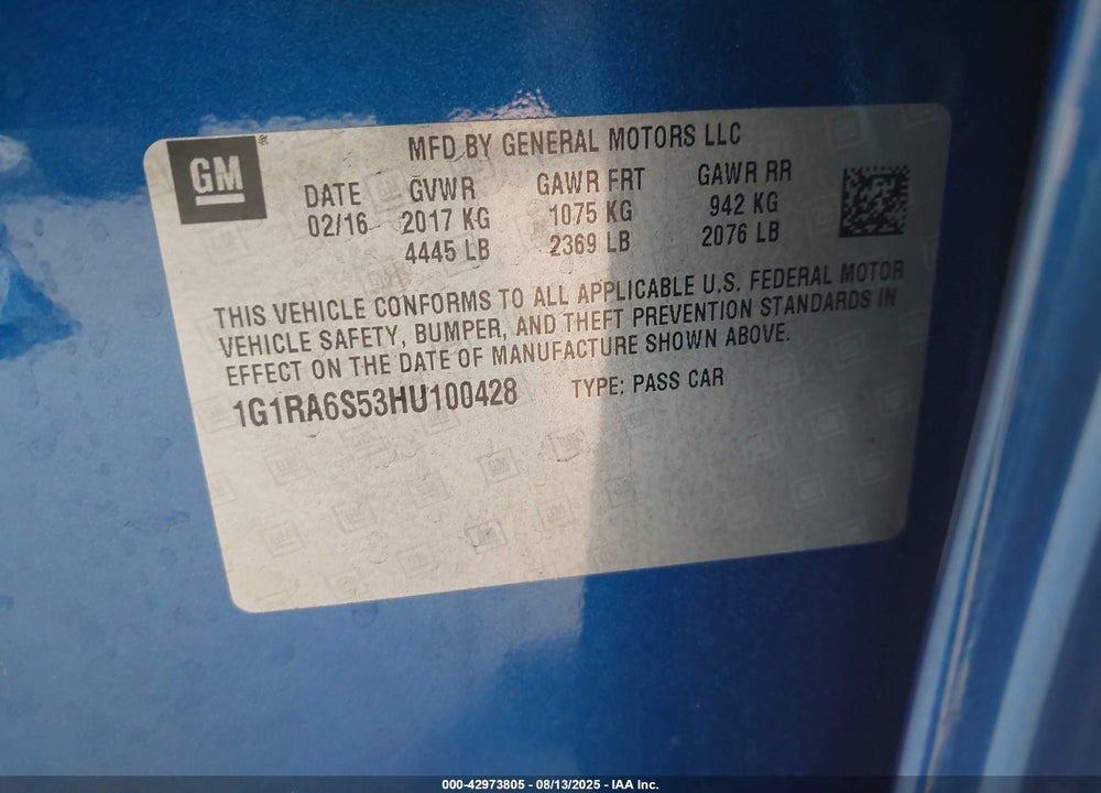 2017 CHEVROLET VOLT VIN: 1G1RA6S53HU100428