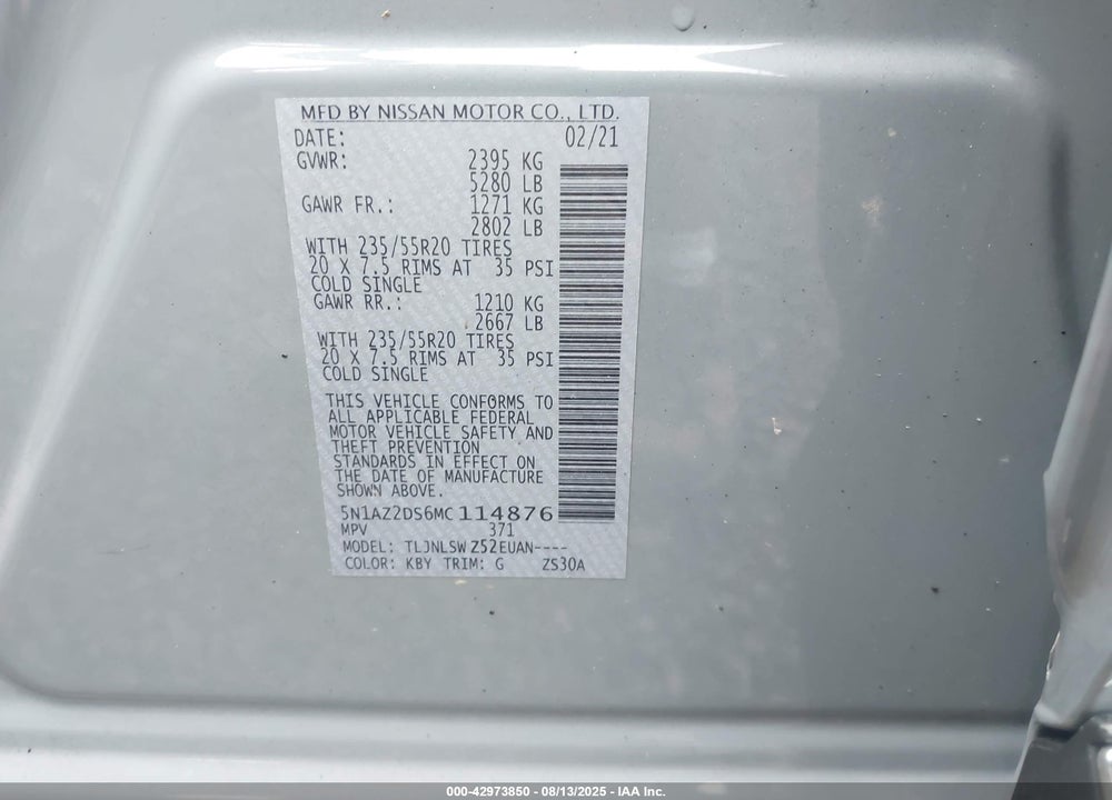 2021 NISSAN MURANO VIN: 5N1AZ2DS6MC114876