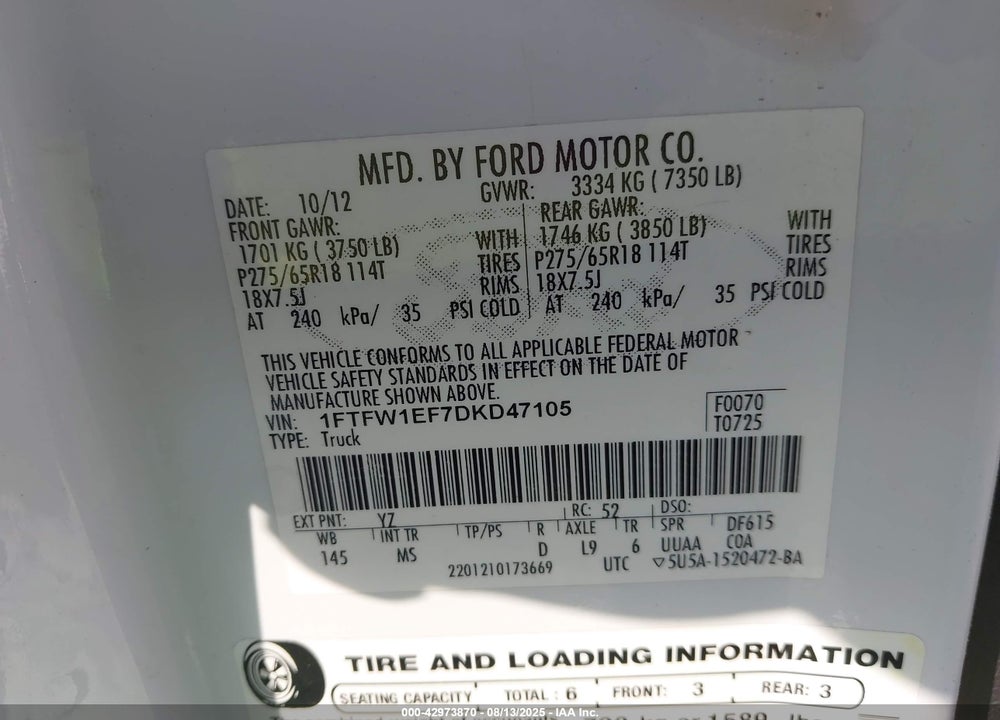 2013 FORD F-150 VIN: 1FTFW1EF7DKD47105