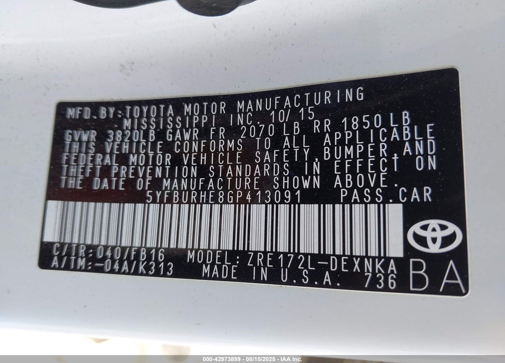 2016 TOYOTA COROLLA VIN: 5YFBURHE8GP413091