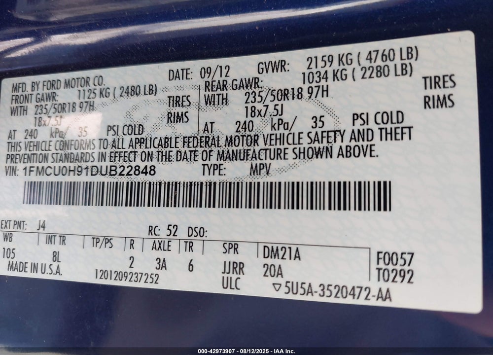 2013 FORD ESCAPE SEL VIN: 1FMCU0H91DUB22848