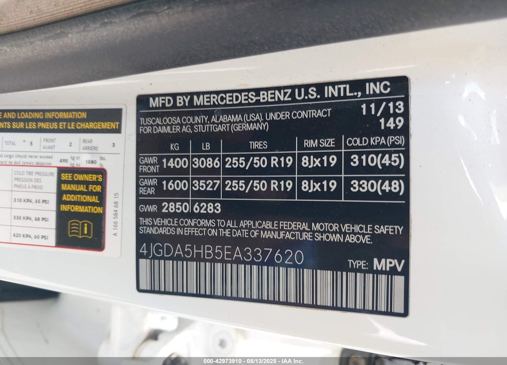 2014 MERCEDES-BENZ ML-CLASS VIN: 4JGDA5HB5EA337620
