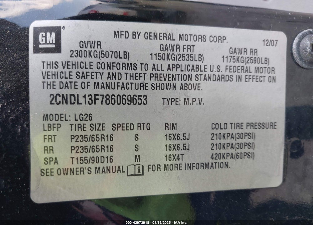 2008 CHEVROLET EQUINOX LS VIN: 2CNDL13F786069653