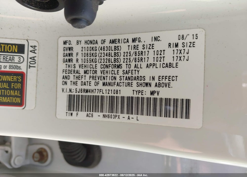 2015 HONDA CR-V VIN: 5J6RM4H77FL121081
