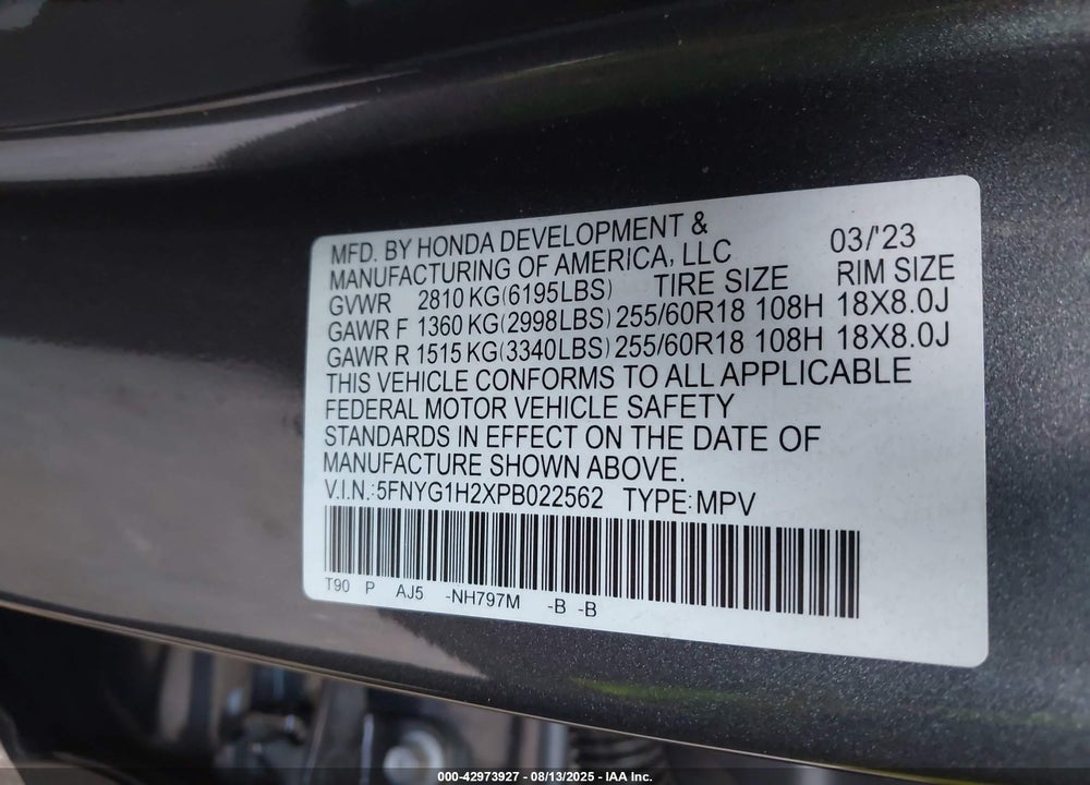 2023 HONDA PILOT VIN: 5FNYG1H2XPB022562