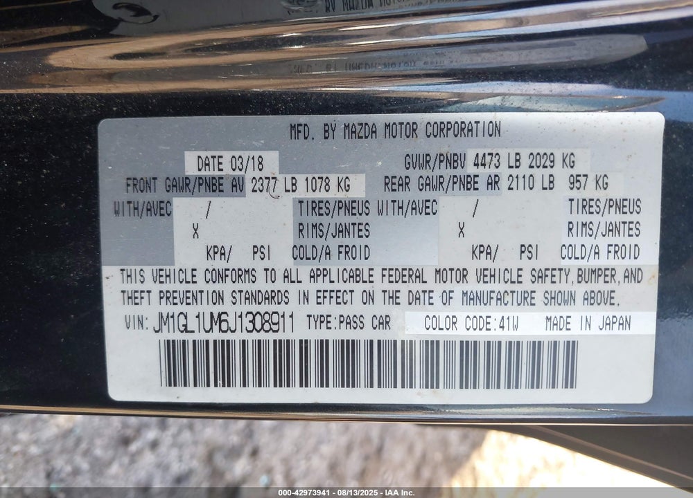 2018 MAZDA 6 SPORT VIN: JM1GL1UM6J1308911