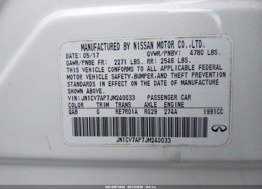 2018 INFINITI Q50 VIN: JN1CV7AP7JM240033