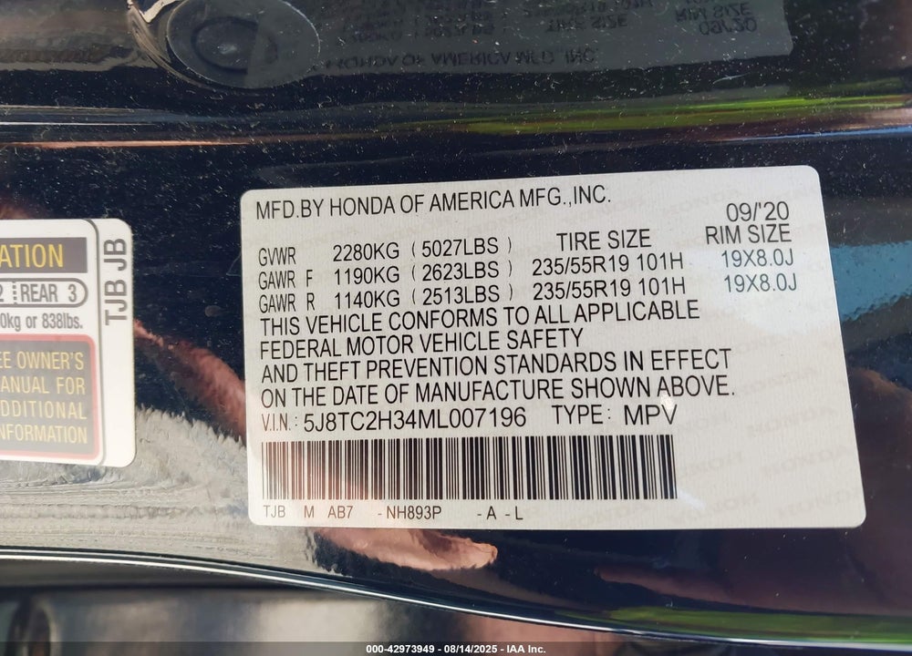 2021 ACURA RDX VIN: 5J8TC2H34ML007196