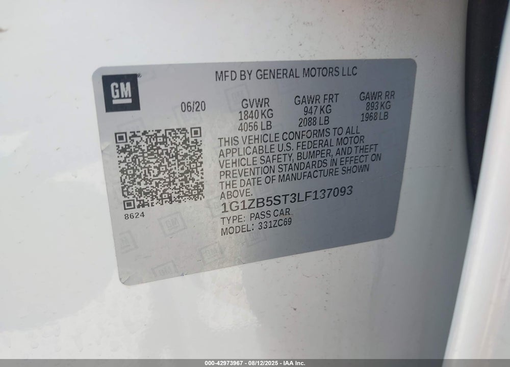 2020 CHEVROLET MALIBU VIN: 1G1ZB5ST3LF137093