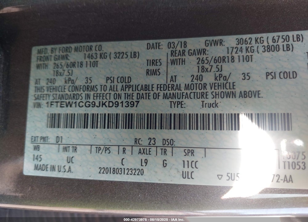 2018 FORD F-150 VIN: 1FTEW1CG9JKD91397