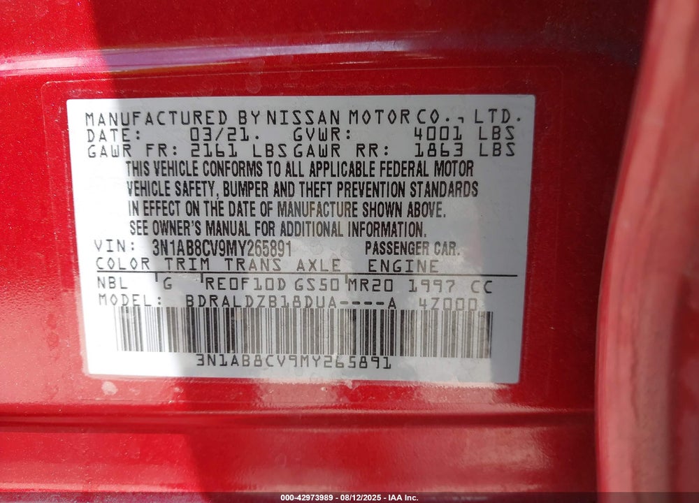2021 NISSAN SENTRA VIN: 3N1AB8CV9MY265891