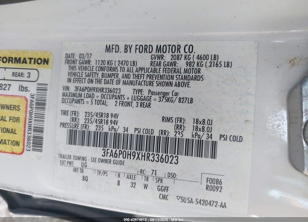 2017 FORD FUSION SE VIN: 3FA6P0H9XHR336023
