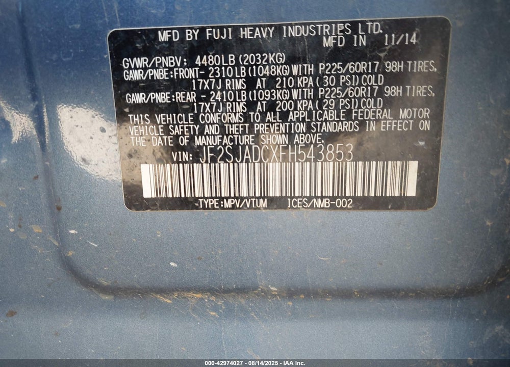 2015 SUBARU FORESTER VIN: JF2SJADCXFH543853
