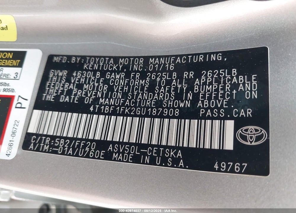 2016 TOYOTA CAMRY SE VIN: 4T1BF1FK2GU187908