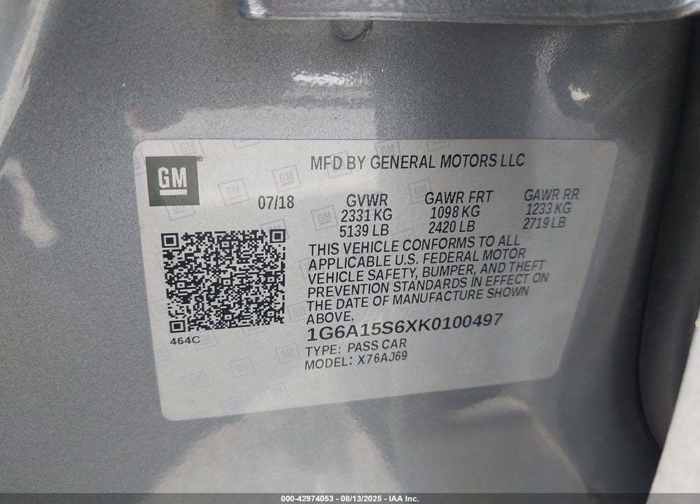 2019 CADILLAC CTS-V VIN: 1G6A15S6XK0100497