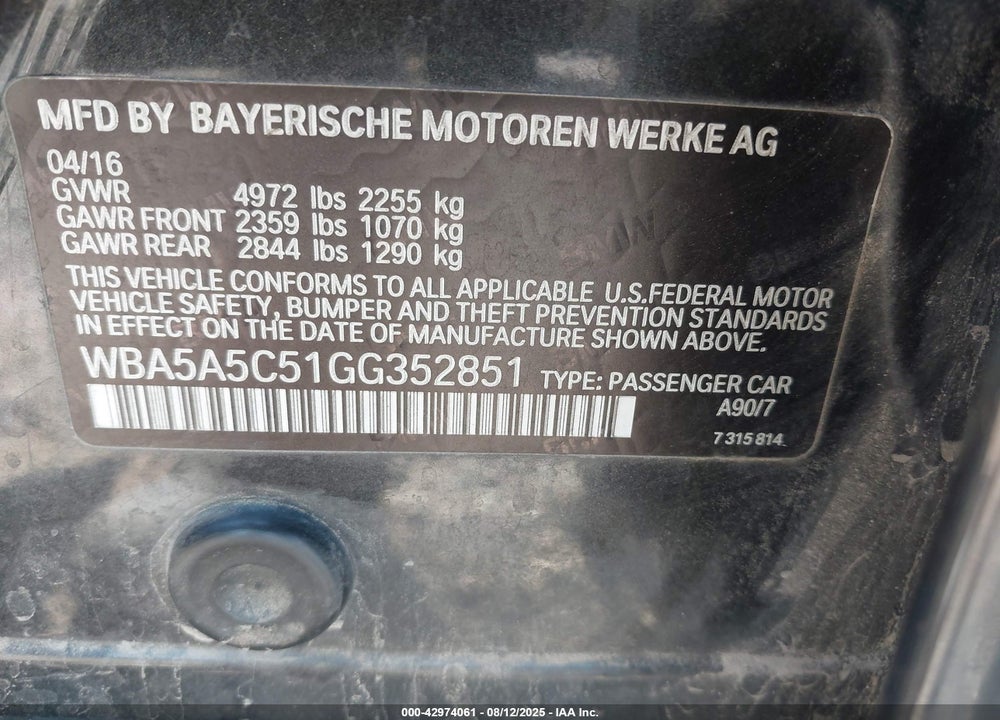 2016 BMW 5 SERIES VIN: WBA5A5C51GG352851