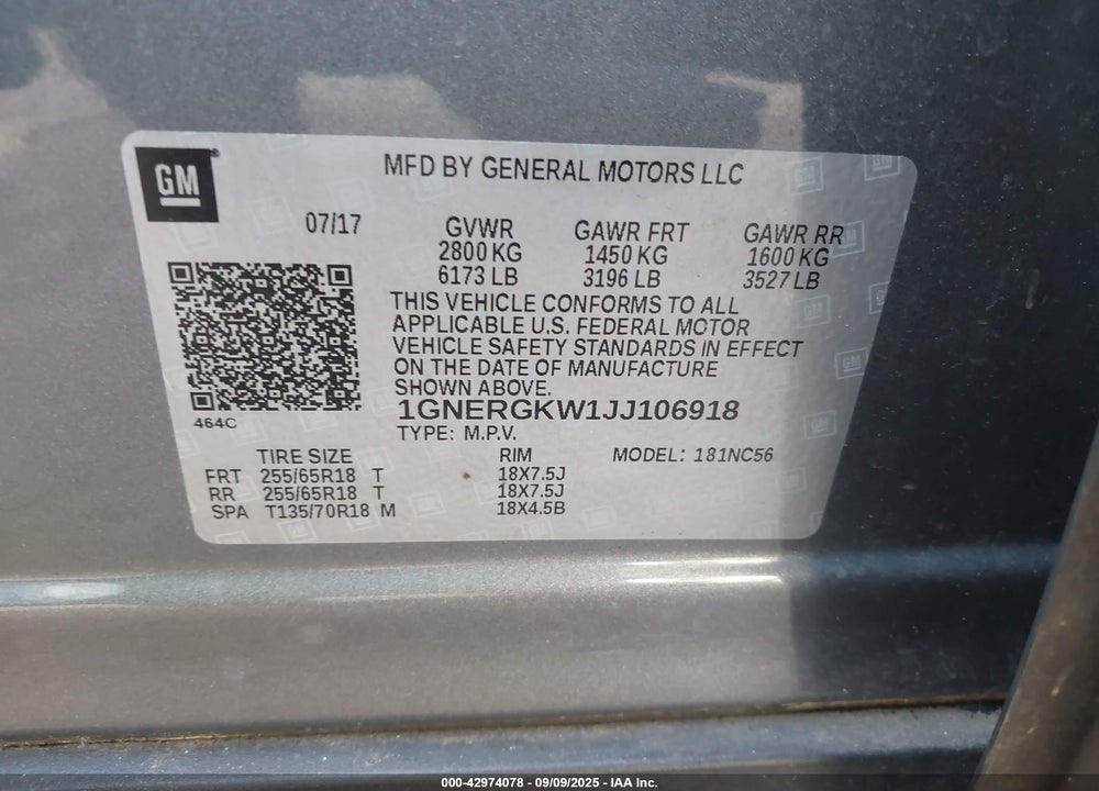 2018 CHEVROLET TRAVERSE VIN: 1GNERGKW1JJ106918