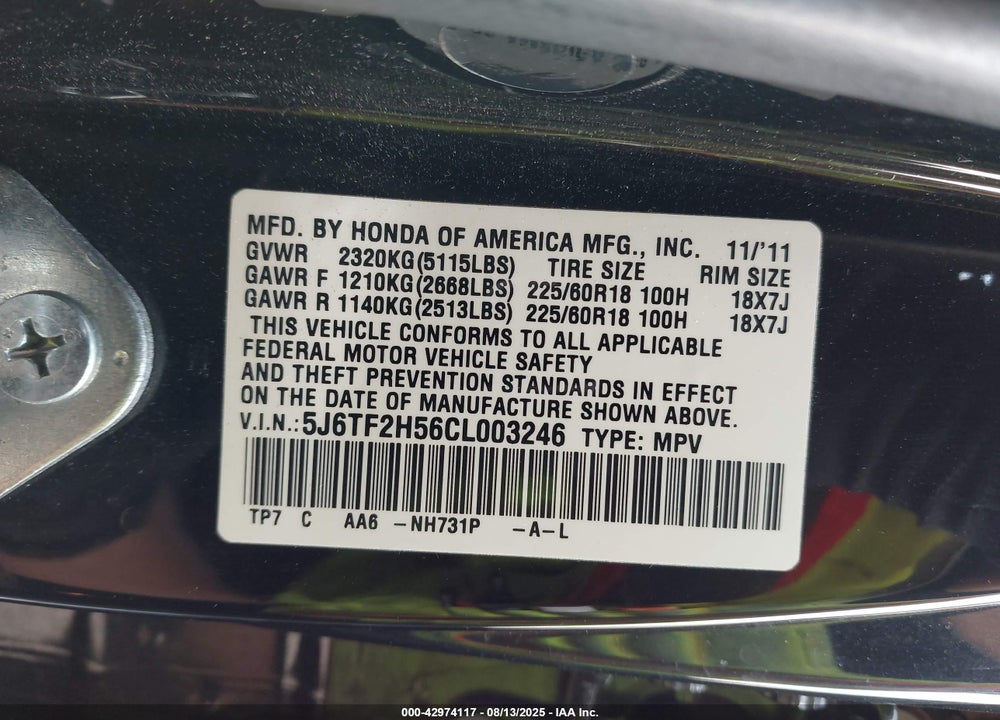 2012 HONDA CROSSTOUR EX-L VIN: 5J6TF2H56CL003246