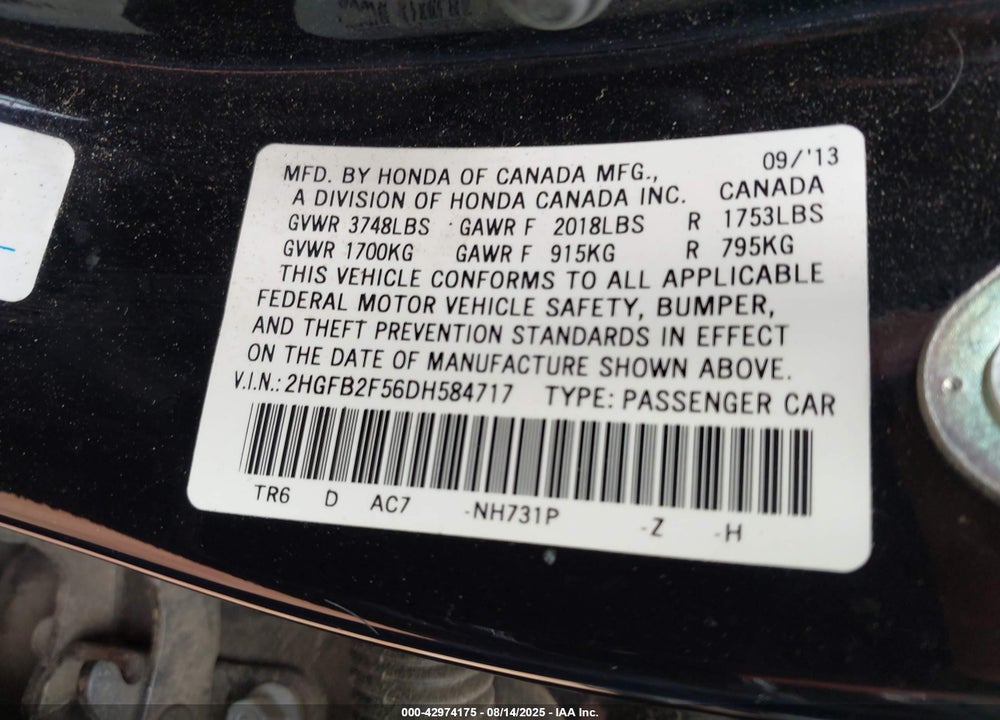 2013 HONDA CIVIC VIN: 2HGFB2F56DH584717
