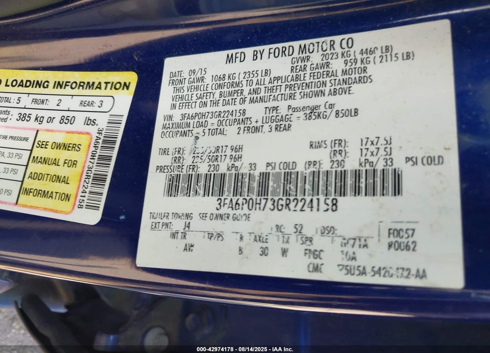 2016 FORD FUSION VIN: 3FA6P0H73GR224158