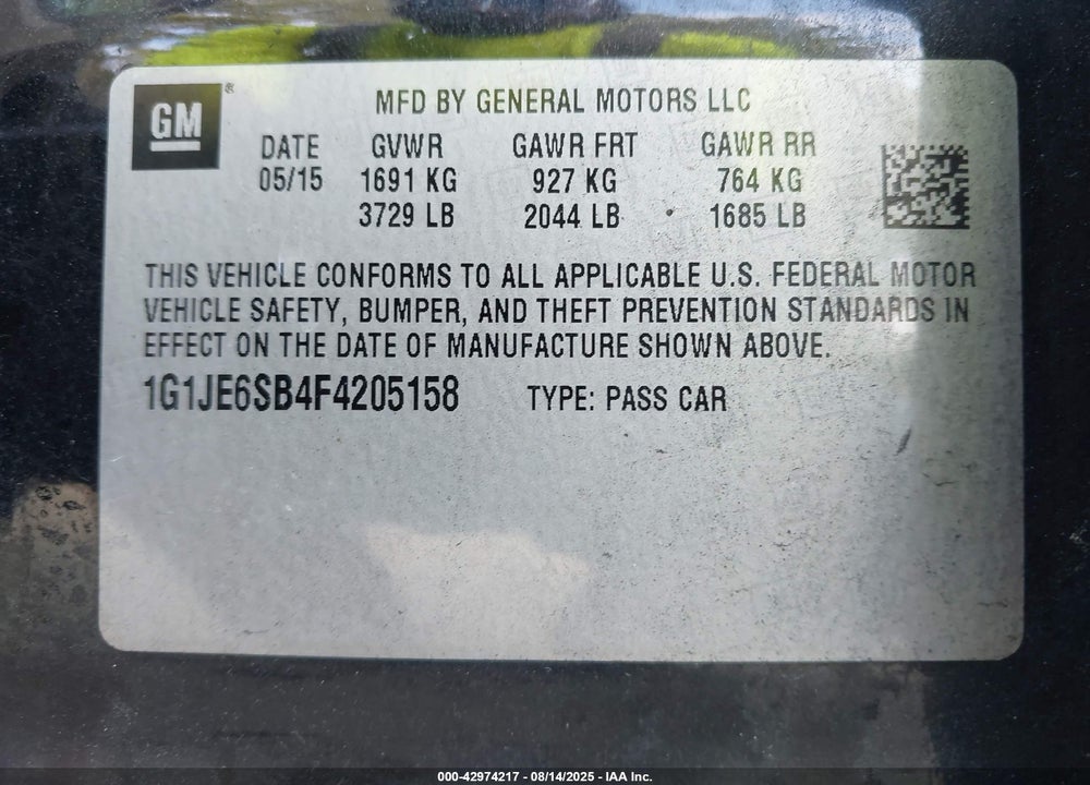 2015 CHEVROLET SONIC LTZ AUTO VIN: 1G1JE6SB4F4205158
