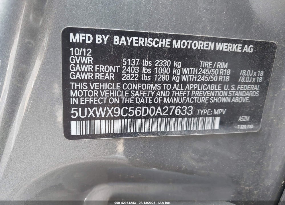 2013 BMW X3 XDRIVE28I VIN: 5UXWX9C56D0A27633