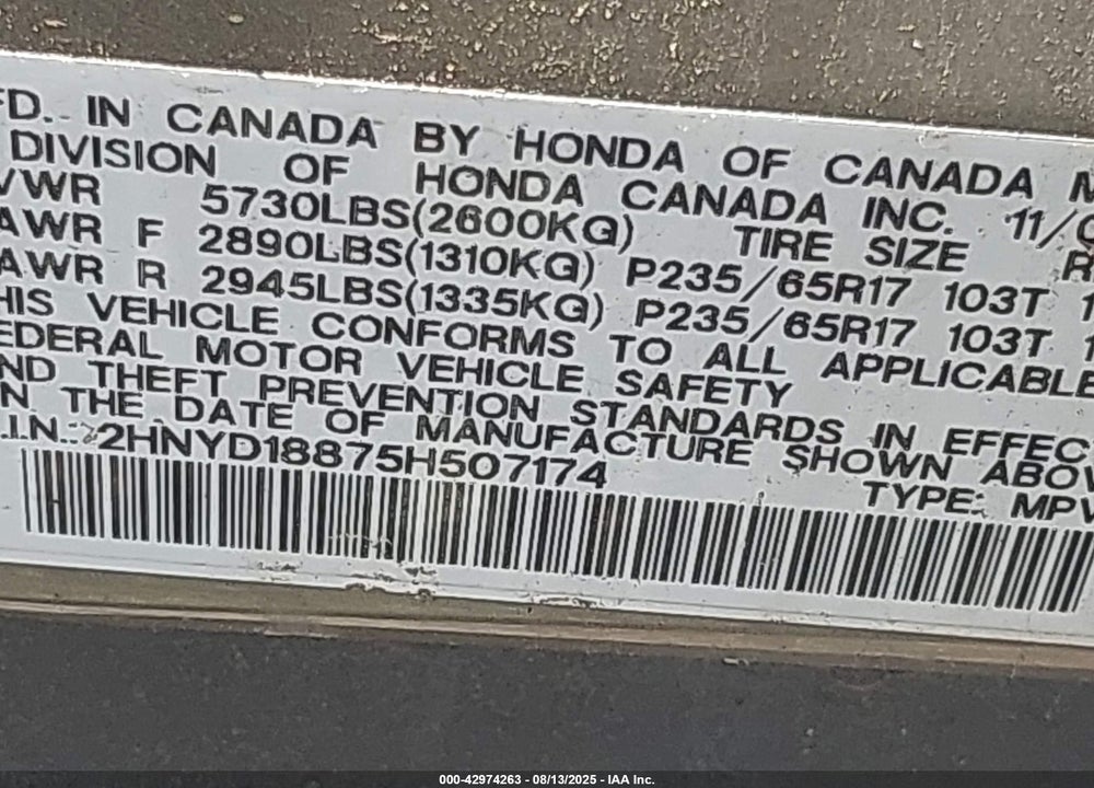 2005 ACURA MDX VIN: 2HNYD18875H507174