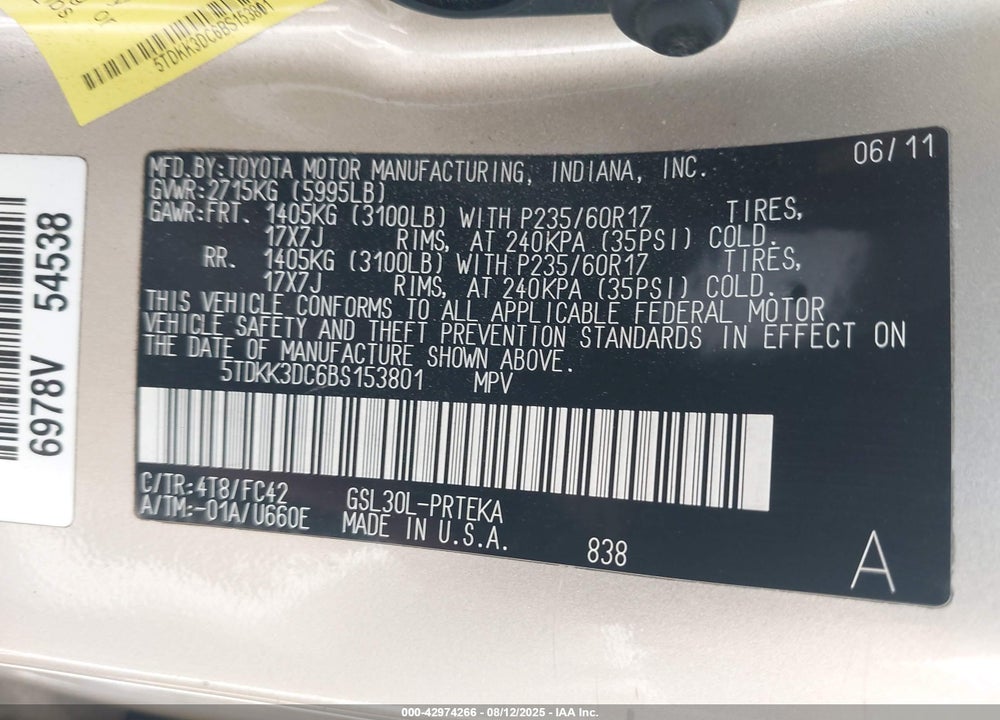 2011 TOYOTA SIENNA LE V6 VIN: 5TDKK3DC6BS153801